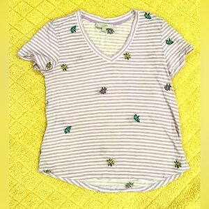 LOFT Floral Stripe Everyday V-neck Tee | Embroidered flowers | Light Purple